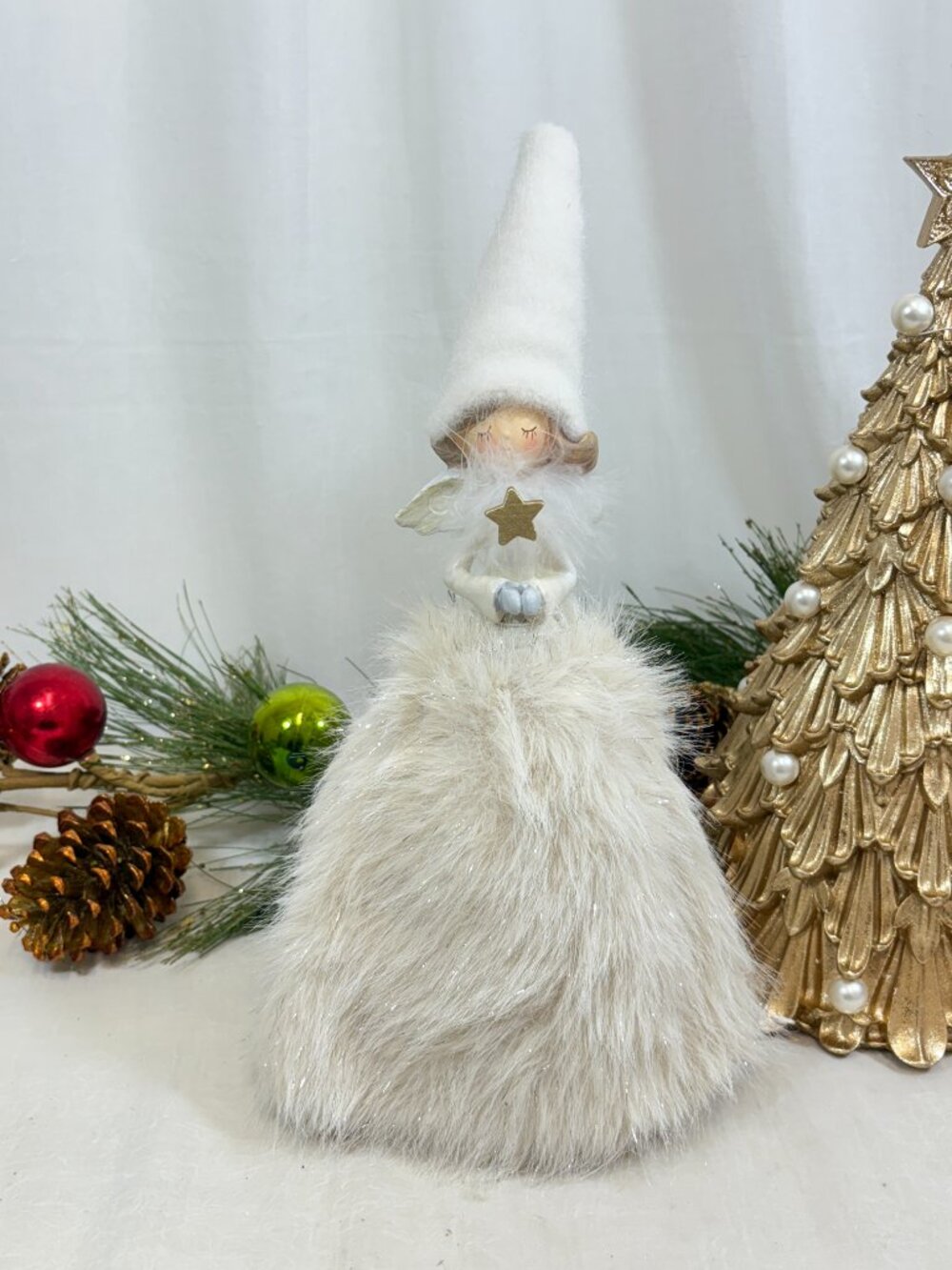 Christmas Holiday Bella Lux White Faux Fur Feather Angel Figure Doll New 14"